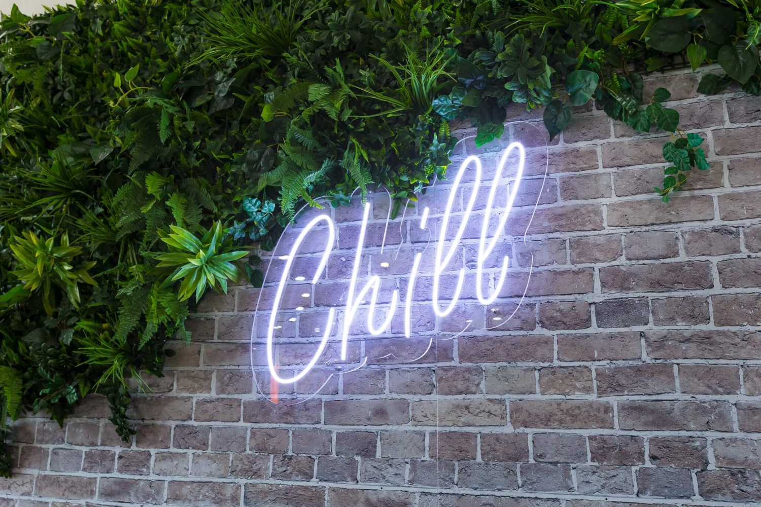 Neon "Chill" sign on faux brick wall with greenery across the top in the temporary dwell zone installed at Southlands Boulevarde Shopping Centre