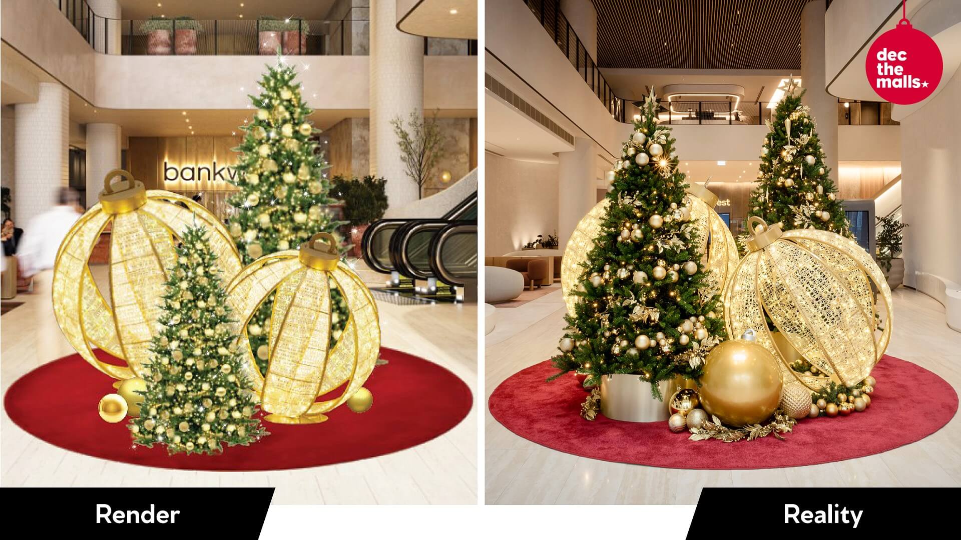 Image showing render and installed commercial Christmas display including Christmas trees and large light display baubles in gold finishes in the corporate foyer of Raine Square, Perth.
